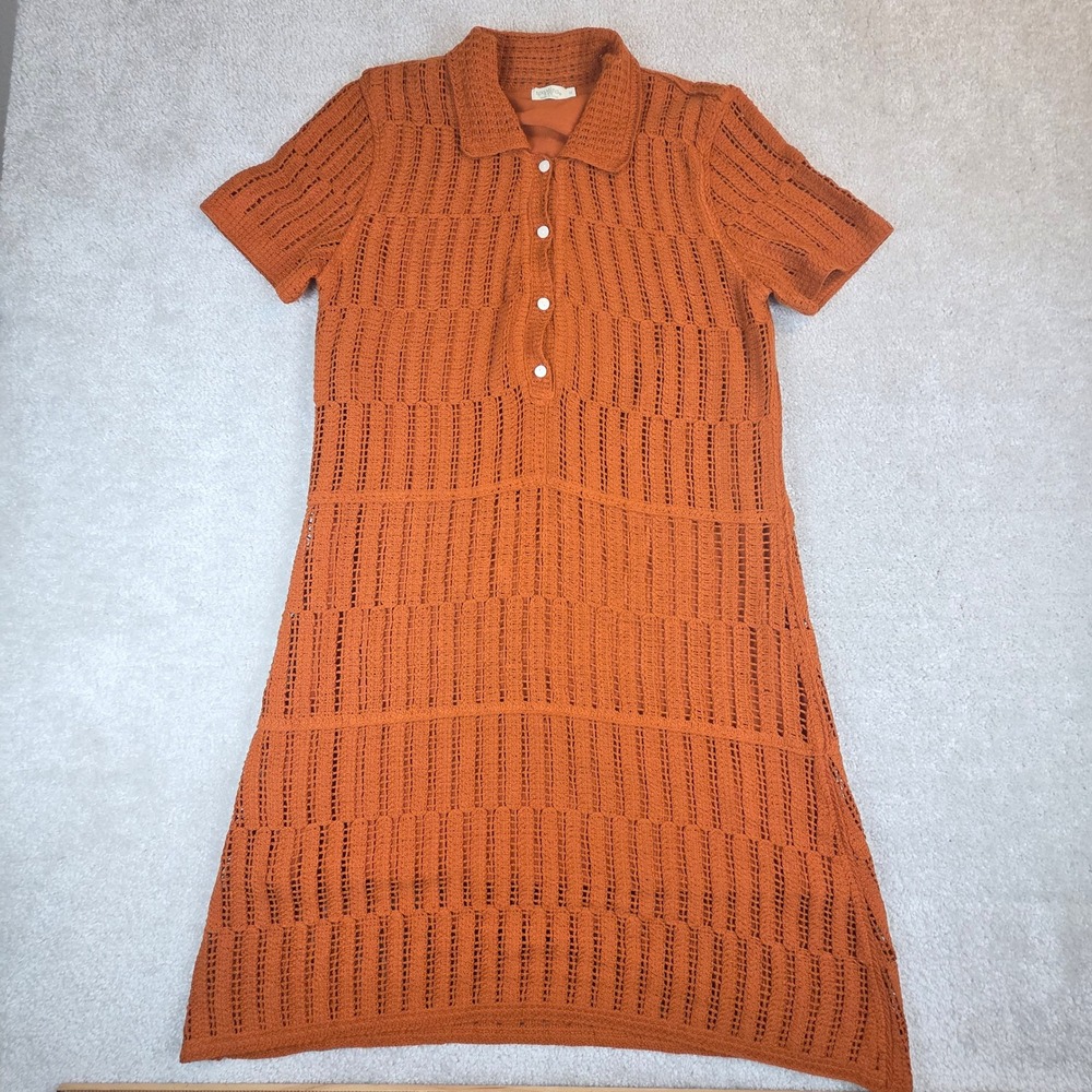 Spartina 449 Polo Dress Womens M Burnt‎ Orange Crochet Knit Cotton Short Sleeve